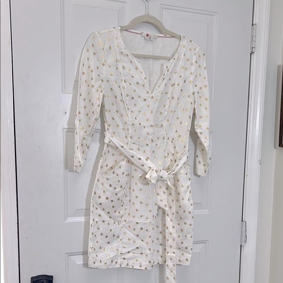 Boden Womens Linen Dress White Gold Print V Neck Belted 3/4 Sleeve Petite 6P - Picture 3 of 12
